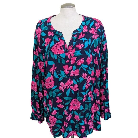 Talbots Womens Tunic Top Plus 3X Split Neck Lightweight Floral Popover Black - Picture 1 of 6